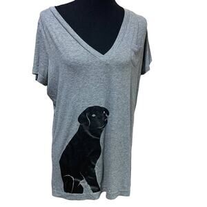 Hand Printed Upcycled Womens 2X Plus Black Lab Dog Puppy Short Sleeve V-Neck Tee